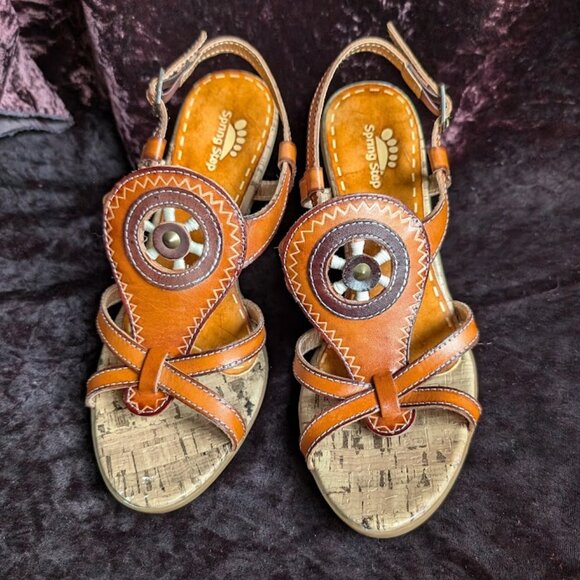 LIKE NEW Western Rodeo High-heel Sandals Medicine Wheel Leather Cork Spring Step - Picture 2 of 16